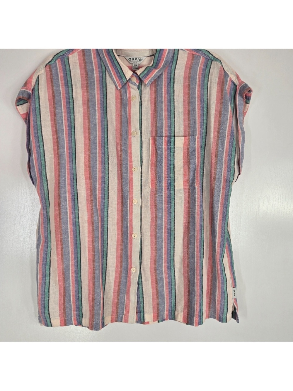 Orvis stripe button down linen short sleeve shirt large